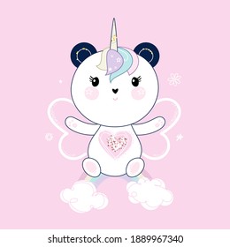 Cute Panda sitzend auf dem Regenbogen, Herzen und Blumen auf pastellrosa Hintergrund. Trendy Art. Vector.