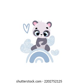 Cute panda sitting on a rainbow. Vector print for children room, fabric, paper, greeting card, postcard, card, t shirt, poster, textile. Vector illustration