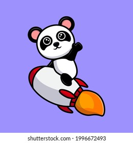 Cute panda sitting on rocket and waving hand cartoon mascot