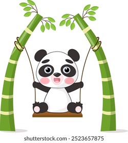 Panda bonito sentado em um balanço. Cartão-postal em estilo cartoon infantil. Ilustração vetorial para designs, impressões e padrões.
