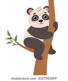 Cute panda sitting on tree concept. Asian flora and fauna. Wild life and zoology. Sticker for social networks and messengers. Cartoon flat vector illustration isolated on white background