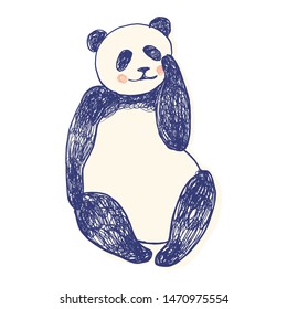 Cute panda sitting and touching cheek for children and adults clothes prints screen in 3 colors - navy, beige and pink in dudles hand drawn style. Fashion illustration drawing in modern style.
