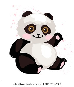A cute panda is sitting and waving its paw. Simple flat vector illustration. Animal in the zoo, element for design, isolated on white background