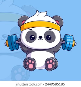Cute panda sitting wearing a headband and lifting weights