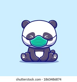 Cute Panda Sitting And Wearing Mask Cartoon Vector Icon Illustration. Animal Healthy Icon Concept Isolated Premium Vector. Flat Cartoon Style