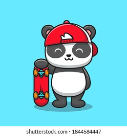 Panda Cute Con Ilustración Del Icono Del Vector De Caricatura De Skateboard. Vector Premium Aislado De Icono De Animales Deportivos. Estilo de dibujo plano