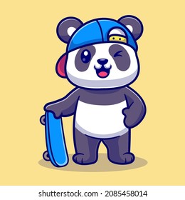 Cute Panda With Skateboard Cartoon Vector Icon Illustration. Animal Sport Icon Concept Isolated Premium Vector. Flat Cartoon Style