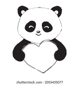 Cute panda sketch. Simple panda bear icon or logo design. Black and white vector illustration.