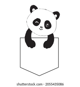 Cute Panda Sketch. Simple Panda Bear Icon Or Logo Design. Black And White Vector Illustration.