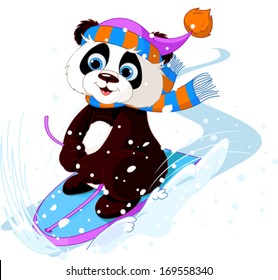 Cute panda sledding downhill winter snow mountain