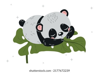 Cute panda sleep. Charming Asian animal lies on green leaf. Flora and fauna, toy and mascot. Recuperation and rest, lazy character. Wildlife, nature on Asia. Cartoon flat vector illustration