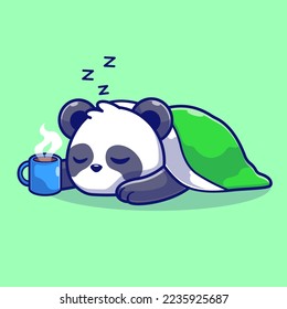 Cute Panda Sleeping With Coffee And Blanket Cartoon Vector Icon Illustration. Animal Nature Icon Concept Isolated Premium Vector. Flat Cartoon Style