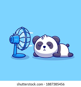 Cute Panda Sleeping In Front Of Fan Cartoon Vector Icon Illustration. Animal Technology Icon Concept Isolated Premium Vector. Flat Cartoon Style