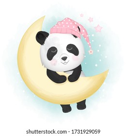 
Cute panda sleeping hand drawn cartoon illustration watercolor background