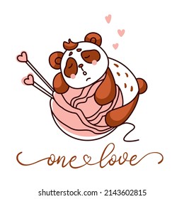 Cute panda sleeping on a ball of yarn. Knitting, crochet, hobby. Logo. Vector illustration.