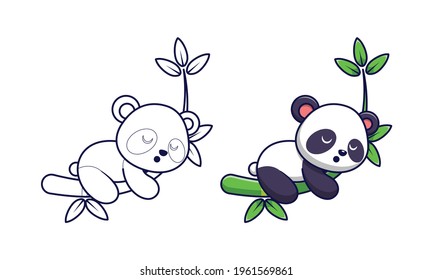 Cute panda sleeping on bamboo cartoon coloring page for kids