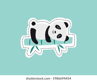 Cute panda sleeping on bamboo stick - isolated cartoon sticker. Adorable little animal lying with eyes closed on tree branch - flat vector illustration