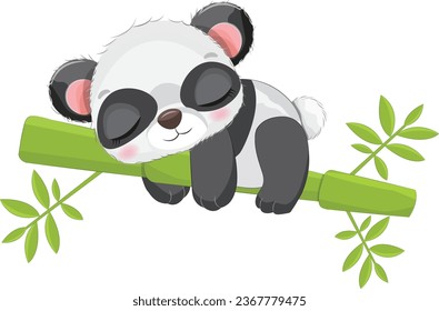Cute panda sleeping on a bamboo