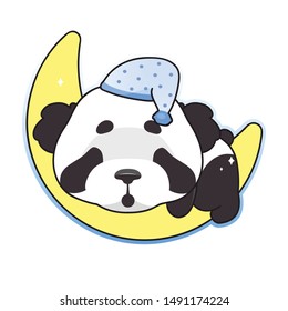Cute panda sleeping on moon kawaii cartoon vector character. Adorable, happy and funny animal isolated sticker, patch. Night time, bedtime. Anime baby panda bear in pajamas emoji on white background