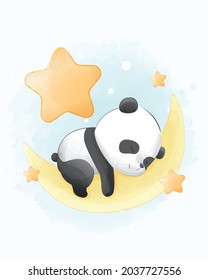 Cute Panda Sleeping On The Moon Watercolor Illustration Solated On White Background, For Cover Book, Print, Baby Shower, Nursery Decorations, Birthday Invitations, Poster, Greeting Card