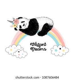 cute panda sleeping on rainbow, funny animals illustration