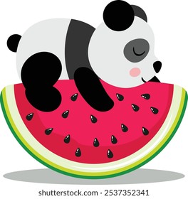 Cute panda sleeping on watermelon slice
