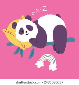 Cute panda sleeping with a pillow on bamboo branch. Vector illustration on pink with rainbow. Big Asian bear with black and white wool, fluffy fur. Cartoon funny panda wild animal from China.