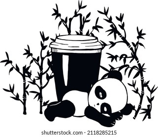 cute panda sleeping silhouette vector. paper cup of coffee vector silhouette. bamboo and panda hv white background vector drawing .sketch. EPS format