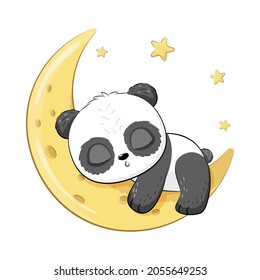 Cute panda is sleeping sweetly on the moon. Vector illustration of a cartoon.
