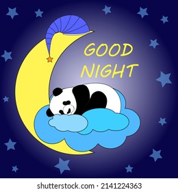 Un lindo panda duerme en una nube y una gran luna contra el fondo del cielo nocturno. Pegatina, postal. Ilustración del vector