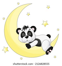 cute panda sleeps on the moon with his paws hanging down 