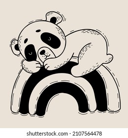 Cute panda sleeps sweetly on rainbow. Vector illustration. Character Cute animal. Linear hand drawing doodles for kids collection and postcards, design, decor and print