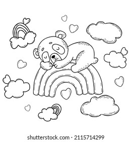 Cute panda sleeps sweetly on rainbow with clouds and hearts. Vector illustration. outline - Character Cute animal. Set linear hand drawings for kids collection and postcards, design, decor and print
