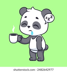 Lindo Panda Dormilón Sosteniendo El Vector De Dibujos Animados Del Café Ilustración Icono. Concepto de icono de bebida animal Vector Premium aislado. Estilo plano de dibujos animados