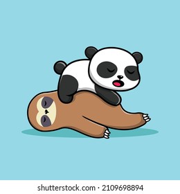 Cute Panda And Sloth Sleeping Cartoon Vector Icon Illustration. Animal Icon Concept Isolated Premium Vector. Flat Cartoon Style