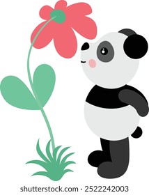 Cute panda smelling big flower
