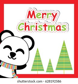 Cute panda smile and Xmas tree vector cartoon, Xmas postcard, wallpaper, and greeting card, T-shirt design for kids