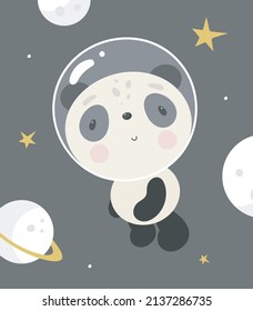 Cute Panda in the space. Cartoon style. Vector illustration. For kids stuff, card, posters, banners, children books, printing on the pack, printing on clothes, fabric, wallpaper, textile or dishes.