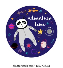 Cute panda in space hand drawn vector color character. Sketch panda astronaut, planets, rocket.Space doodle drawing. Isolated cartoon kids book, textile illustration.