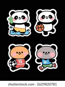Cute panda sports sticker pack: playing soccer, basketball, swimming, and running. Great for planners, journals, scrapbooks, prints, emojis, and chat apps