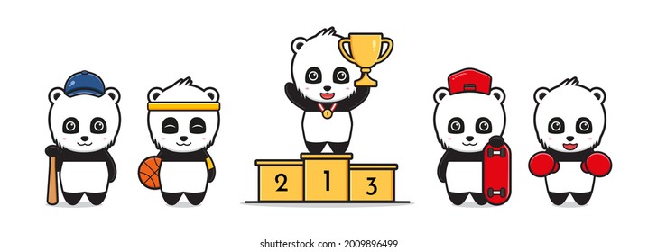 Cute panda with sports theme cartoon illustration. Design isolated flat cartoon style