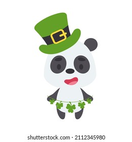 Cute panda in St. Patrick's Day leprechaun hat holds shamrocks. Irish holiday folklore theme. Cartoon design for cards, decor, shirt, invitation. Vector stock illustration.