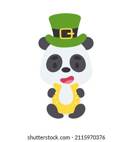 Cute panda St. Patrick's Day leprechaun hat holds horseshoe. Irish holiday folklore theme. Cartoon design for cards, decor, shirt, invitation. Vector stock illustration.