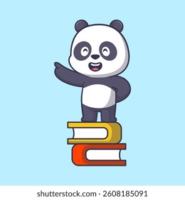 Cute panda stand on books cartoon icon illustration	