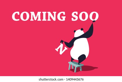 Cute panda standing on the bench and placing letters. Coming soon banner template.