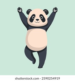 A cute panda standing in the tree pose, balancing on one foot with arms stretched above its head, peaceful bamboo forest background, vector illustration