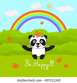Cute panda standing under the rainbow in the forest. Vector illustration. Greeting card 