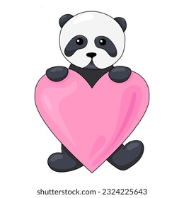 A cute panda stands and holds a big heart on a white background. Vector illustration. Beautiful black and white animal.