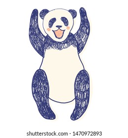 Cute panda stay hands up for children and adults clothes prints screen in 3 colors - navy, beige and pink in dudles hand drawn style. Fashion illustration drawing in modern style.