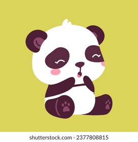 Cute panda sticker. Adorable asian fluffy animal sitting. Fauna and wild life. Toy or mascot for children. Template and layout. Cartoon flat vector illustration isolated on green background